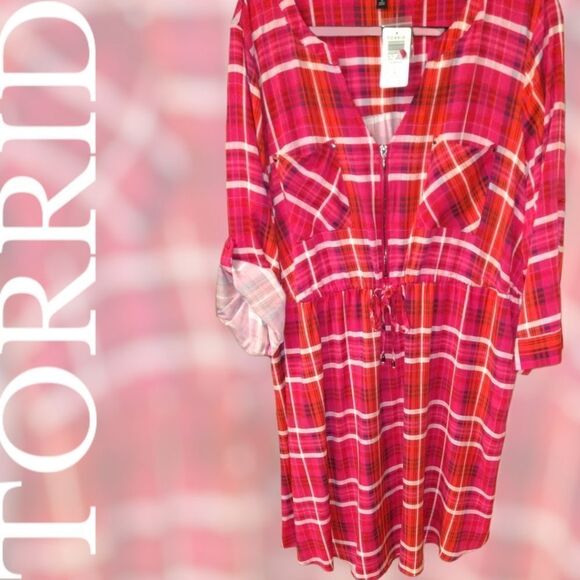 TORRID Plus Size  Zip Front Plaid Pink Stretch Challis Shirt Dress - Picture 1 of 16